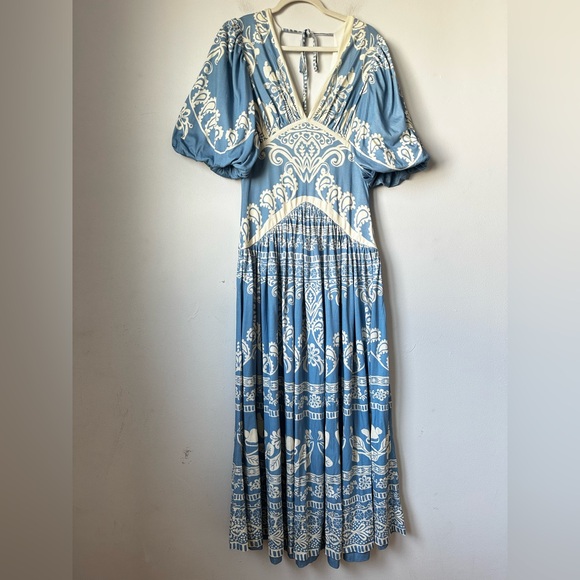 FARM RIO ANTHROPOLOGIE Elegant Blue and Cream Women's Dress - Picture 2 of 14